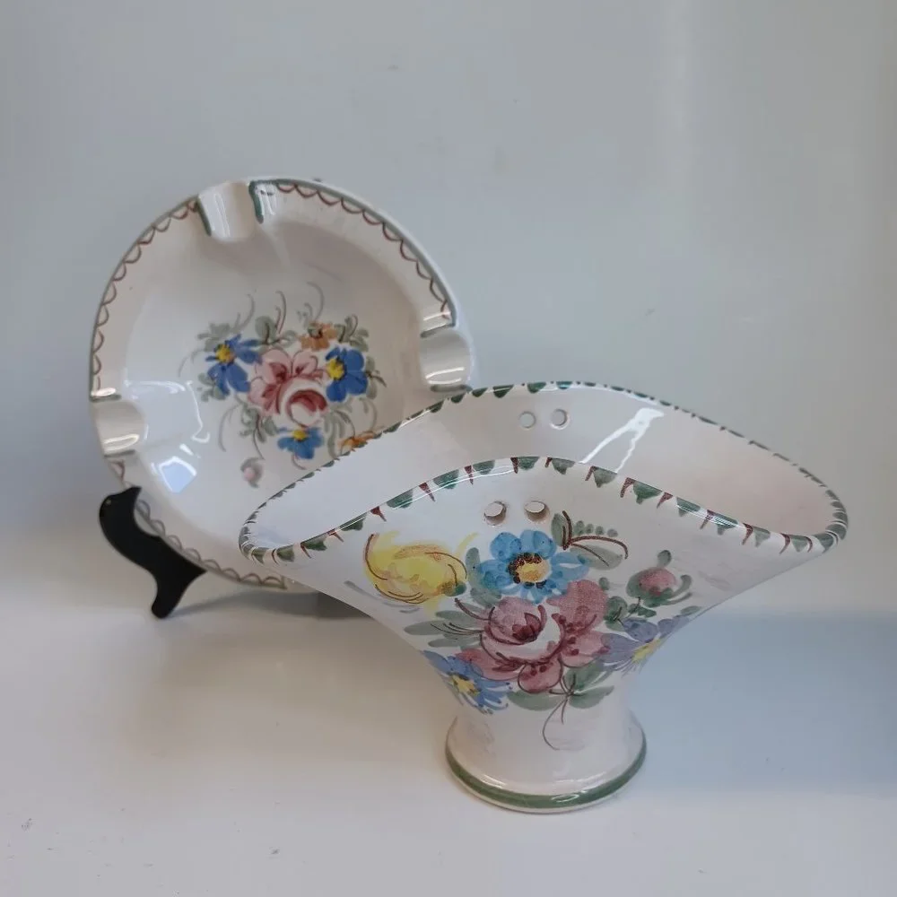 Vintage Ulmer Keramik Basket and Dish Hand Painted Floral Pottery Missing Handle